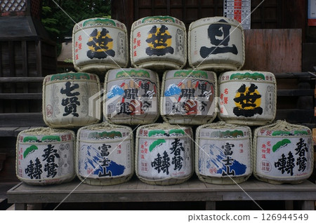 Fujiyoshida Sengen Shrine, Yamanashi, Japan, May26th., 2025: Sake Barrels Displayed Fujiyoshida Sengen Shrine, Yamanashi, Japan, May26th., 2025: Sake Barrels Displayed 126944549
