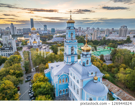 Autumn Yekaterinburg, Temple of the Ascension and Temple on Blood in beautiful clear sunset. Autumn Yekaterinburg, Temple of the Ascension and Temple on Blood in beautiful clear sunset. 126944824