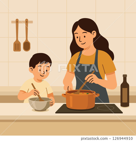 mother and son cooking together in the kitchen 126944910
