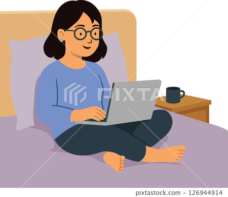 Woman relaxed on bed remote working at home Woman relaxed on bed remote working at home 126944914