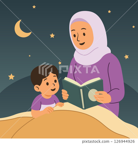 Mom reading bedtime story to son 126944926