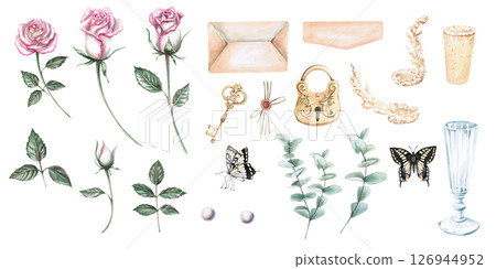 Set of roses, buds, leaves, envelope, key, lock, glass, splashes, butterflies, pearls, eucalyptus. Isolated watercolor illustration for wedding cards, interior, posters. 126944952