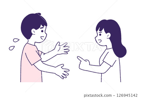 Apologizing/excusing man and angry woman Apologizing/excusing man and angry woman 126945142