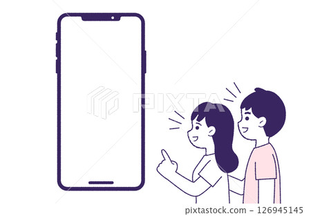 A pair of men and women looking at a smartphone with a smile 126945145