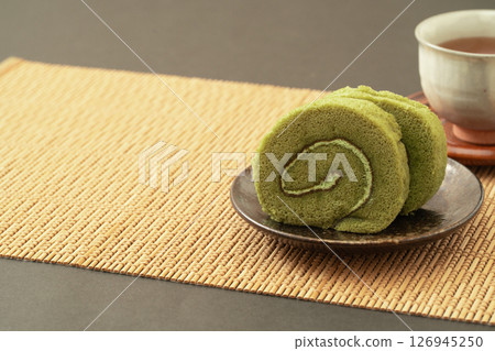 Matcha roll cake and Japanese tea sweets 126945250
