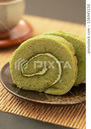Matcha roll cake and Japanese tea sweets 126945258