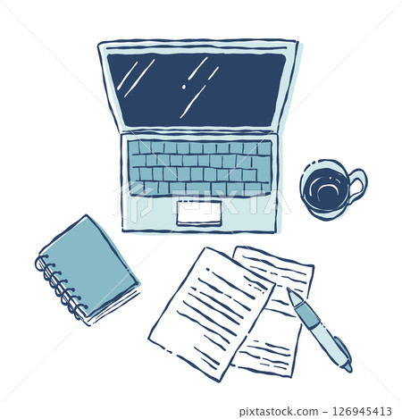 Hand-drawn computer and business workspace image illustration (blue) 126945413