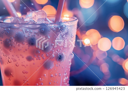 Sparkling Pink Lemonade with Ice and Bubbles in Festive Holiday Setting 126945423