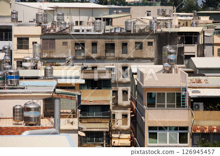 home town building in Taipei with water tank for water reservation, droughts problem in Taiwan 126945457