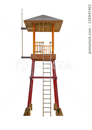Beach Guard, Life guard watch tower building isolated on white background with clipping path 126945462