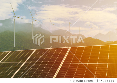 Wind turbine solar panels at mountain .Clean energy. Green Energy Supply, Wind turbine, Eco power source. Green Power plant concept Wind turbine solar panels at mountain .Clean energy. Green Energy Supply, Wind turbine, Eco power source. Green Power plant concept 126945545