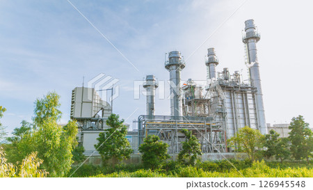 Power plant gas turbine factory building. Green Industry, Clean power production environment saving industrial building. Gas fired power station, natural gas electricity clean energy for future. 126945548