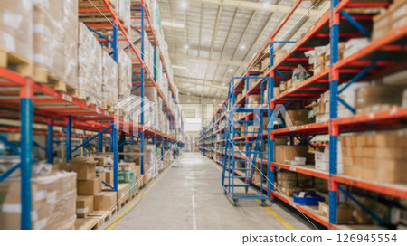 Blur Large Inventory. Warehouse Goods Stock for Logistic shipping banner background. 126945554