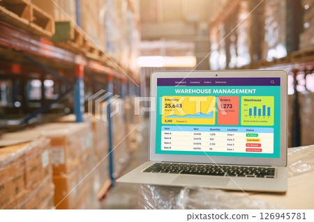 Laptop computer using online warehouse management system (WMS) software screen display 126945781