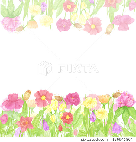 Hand drawn watercolor wildflowers and leaves frame border. Flower of the field isolated on white background. Can be used for postcard, label, scrapbook and other printed products. Hand drawn watercolor wildflowers and leaves frame border. Flower of the field isolated on white background. Can be used for postcard, label, scrapbook and other printed products. 126945804