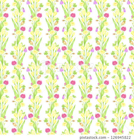 Hand drawn watercolor wildflowers seamless pattern. Flower of the field isolated on white background. Can be used for textile, fabric, scrapbook and other printed products. 126945822