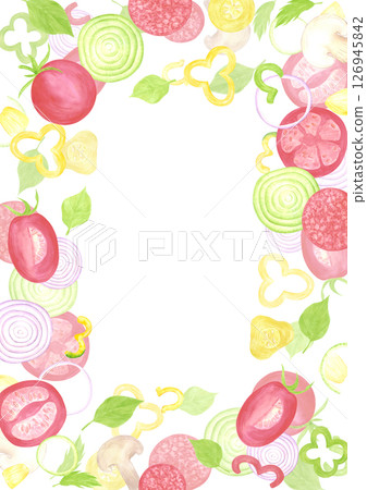 Hand drawn watercolor vegetables postcard frame border. Illustration of cut tomatoes pepper onion isolated on white background. Can be used for label, card, scrapbook and other printed products. Hand drawn watercolor vegetables postcard frame border. Illustration of cut tomatoes pepper onion isolated on white background. Can be used for label, card, scrapbook and other printed products. 126945842