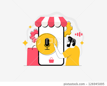 Voice commerce integration enables seamless e-commerce purchases via voice-activated devices. Enhancing AI shopping experience and changing how consumers interact with retail. Vector illustration Voice commerce integration enables seamless e-commerce purchases via voice-activated devices. Enhancing AI shopping experience and changing how consumers interact with retail. Vector illustration 126945895