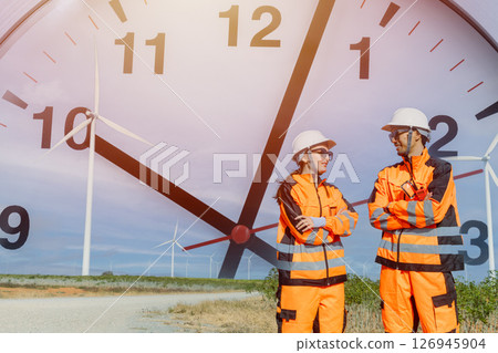 Engineer worker teamwork outdoor service wind turbine overlay time clock face for time to saving energy concept. 126945904