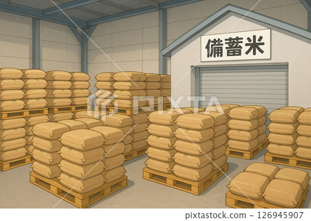 Illustration of a warehouse where stockpiled rice is stored 126945907