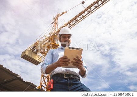 Hispanic Indian professional construction engineer working operate Crane hoist in construction site 126946001
