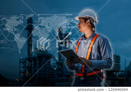 worldwide technology power plant, energy production, engineer man using digital advance technology monitor control global power demand supply concept. 126946094
