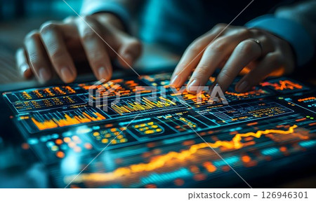 Analyzing financial data on a digital tablet for strategic investment Analyzing financial data on a digital tablet for strategic investment 126946301
