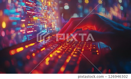 Cyberpunk coder immersed in digital landscape, typing data on keyboard 126946302