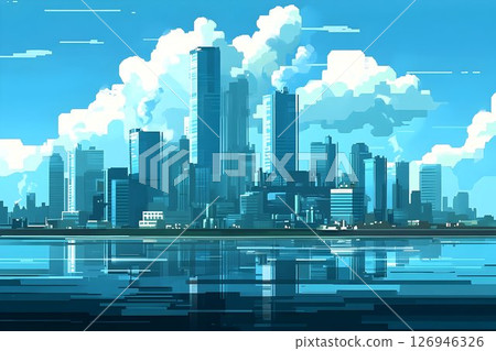 Urban serenity meets aquatic reflection, a cityscape bathed in azure hues 126946326