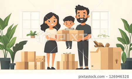 Happy Family Moving into New Home Together with Boxes and Potted Plants 126946328