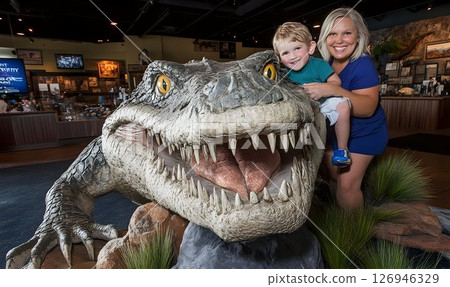 Excited child with mother poses with realistic dinosaur statue inside museum 126946329