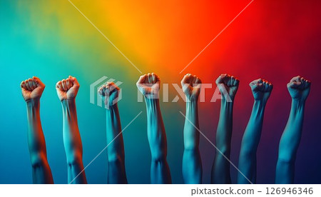 Raised Fists in Unity Against a Vibrant Rainbow Gradient Backdrop 126946346