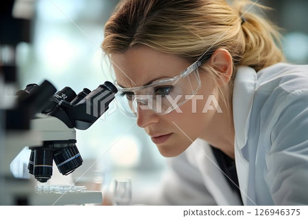 Dedicated scientist meticulously examining sample through powerful microscope 126946375