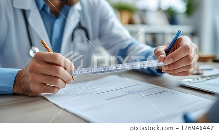 Doctor meticulously analyzing patient data with a ruler for accuracy 126946447