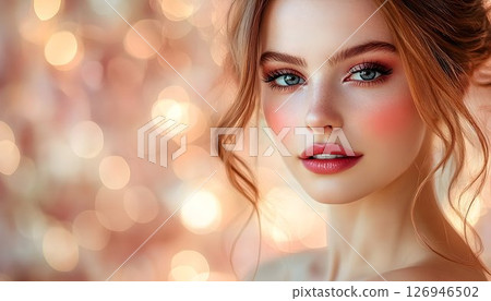 Elegant woman portrait with shimmering bokeh lights in a soft pink hue 126946502