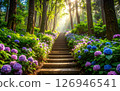 Stairs with blooming hydrangeas during the day 126946541