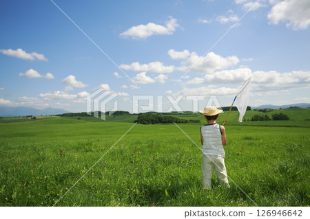 Boy standing on the prairie with a butterfly net Boy standing on the prairie with a butterfly net 126946642