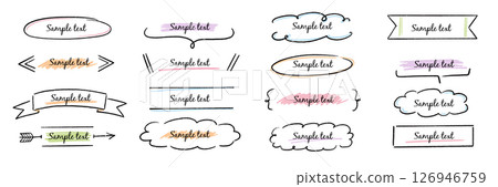 Text box hand drawn frame title banner set. Hand drawn doodle line banner, ribbon line label memo shape elements. Cute design marker stroke text box title, headline decoration. Vector 126946759
