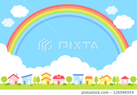 藍天,雲朵,彩虹,住宅區,向量圖,背景素材 126946954