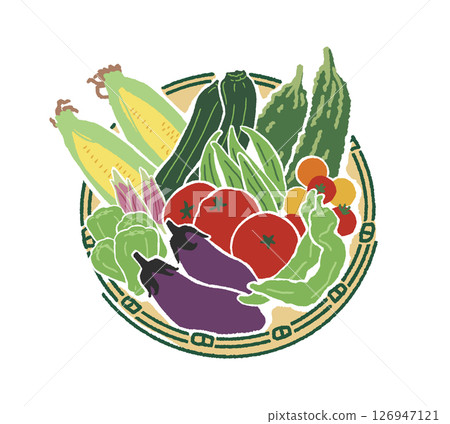 An illustration of a basket filled with colorful summer vegetables An illustration of a basket filled with colorful summer vegetables 126947121