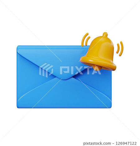 Blue 3D envelope with notification bell. Message alert symbol for email or user interface 126947122