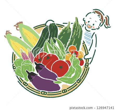 Illustration of a girl with a ponytail wearing a striped shirt holding a platter of summer vegetables 126947141