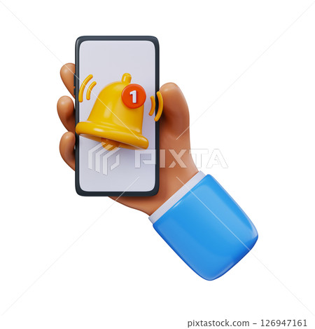 3D Mobile notification in hand. Yellow bell icon with red number 1 on smartphone in hand. Symbol of mobile app notifications, user notifications or new messages. 3D Mobile notification in hand. Yellow bell icon with red number 1 on smartphone in hand. Symbol of mobile app notifications, user notifications or new messages. 126947161