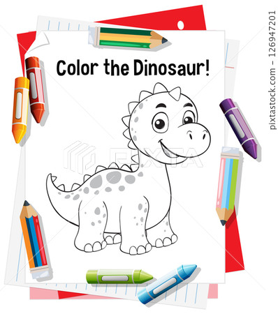 Cute Dinosaur Coloring Page with Crayons Cute Dinosaur Coloring Page with Crayons 126947201