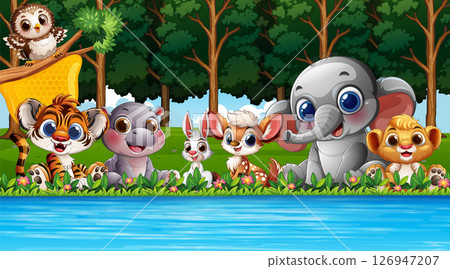 Cute Animals by the Forest Lake 126947207