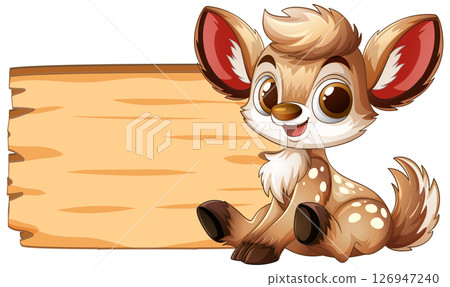 Cute Cartoon Deer with Wooden Sign 126947240