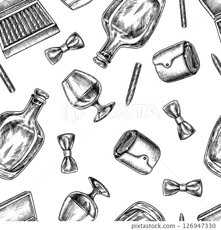 Seamless men s-themed pattern. Cognac, a purse, cigars and a bow tie. Handmade vector illustration. Black and white image. For textiles, printing, wrapping paper, packaging and more. Seamless men s-themed pattern. Cognac, a purse, cigars and a bow tie. Handmade vector illustration. Black and white image. For textiles, printing, wrapping paper, packaging and more. 126947330