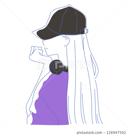 戴著耳機和帽子的女人的時尚線條畫 126947502