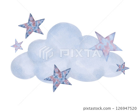 Blue fluffy cloud surrounded by stars. Watercolor and marker illustration. Celestial composition of night atmosphere, dream. Hand drawn isolated art. Cartoon children's sketch for bedroom, bed linen. 126947520