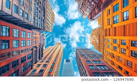 Captivating Urban Skyline Perspective Under Bright Blue Sky Captivating Urban Skyline Perspective Under Bright Blue Sky 126947690
